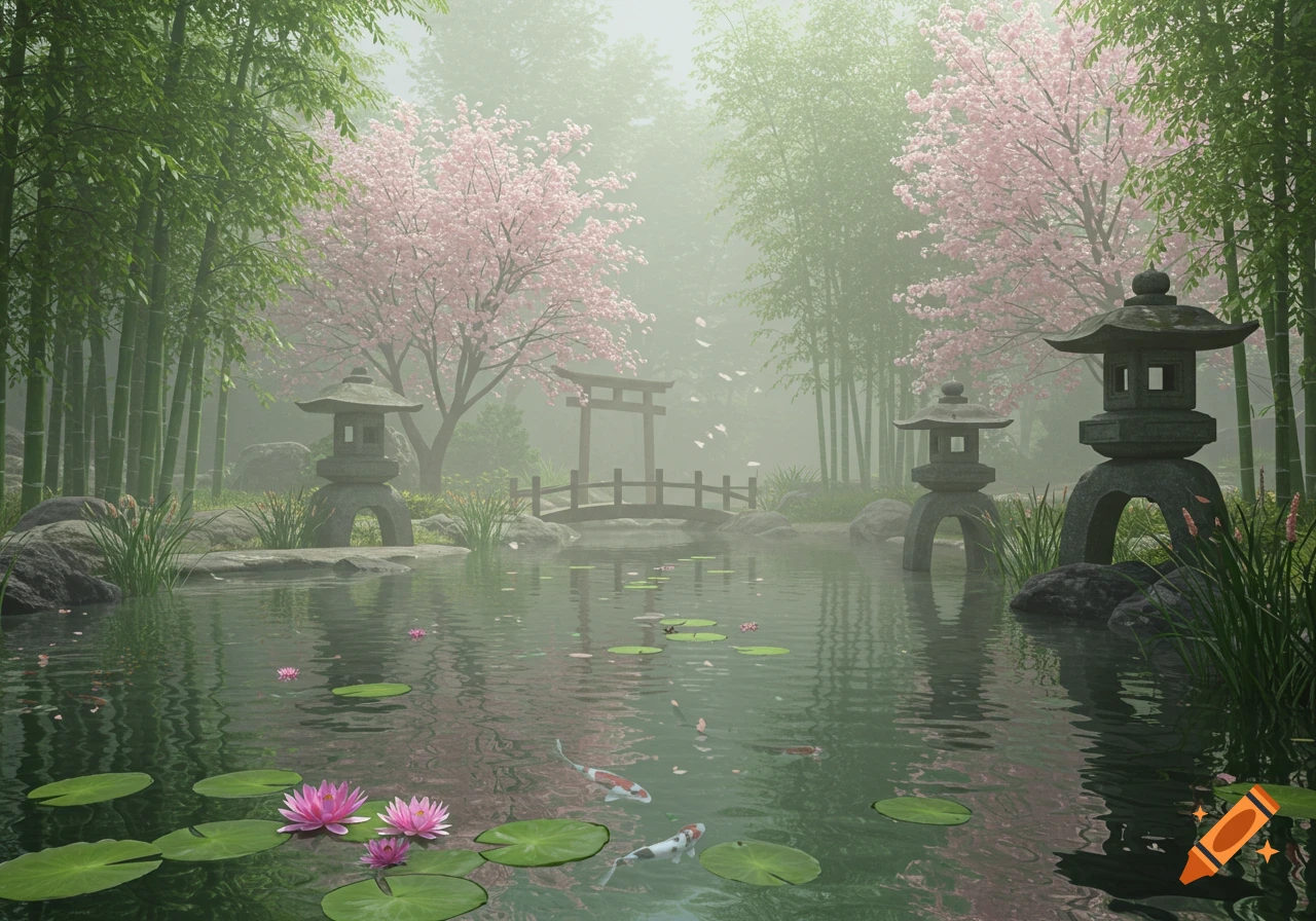 A serene, misty Japanese garden with a pond, pink cherry blossoms, green bamboo, stone lanterns, a bridge, and koi fish.