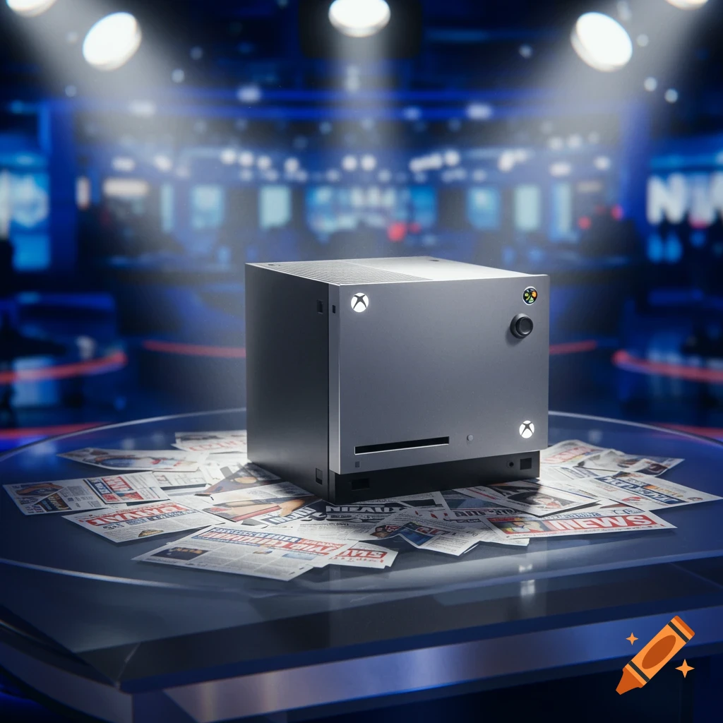 A gray, cube-shaped console with Xbox logos sits on a glass table covered in newspapers in a spotlighted news studio.
