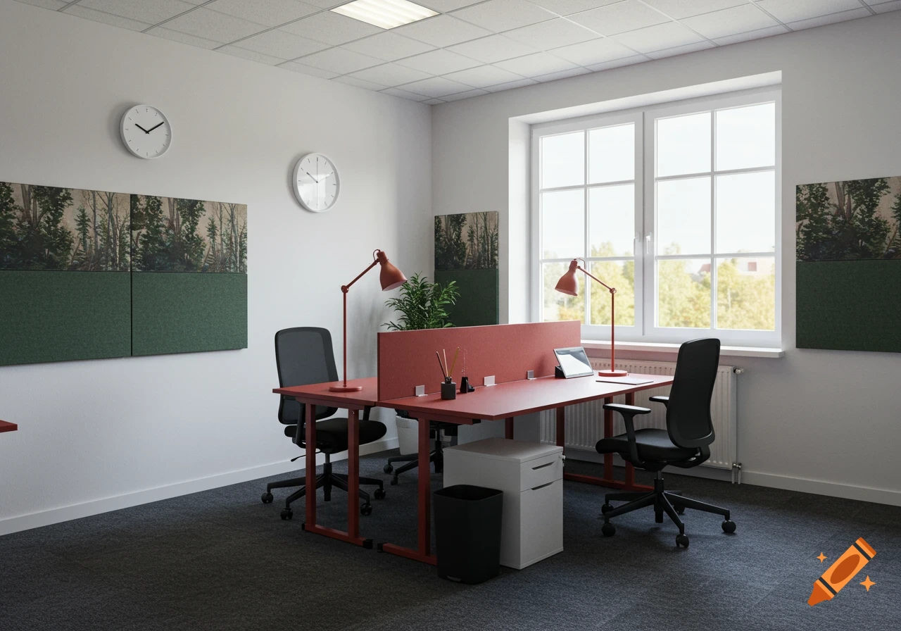 Photorealistic modern office with two red-framed desks, black chairs, forest acoustic panels, and large window.