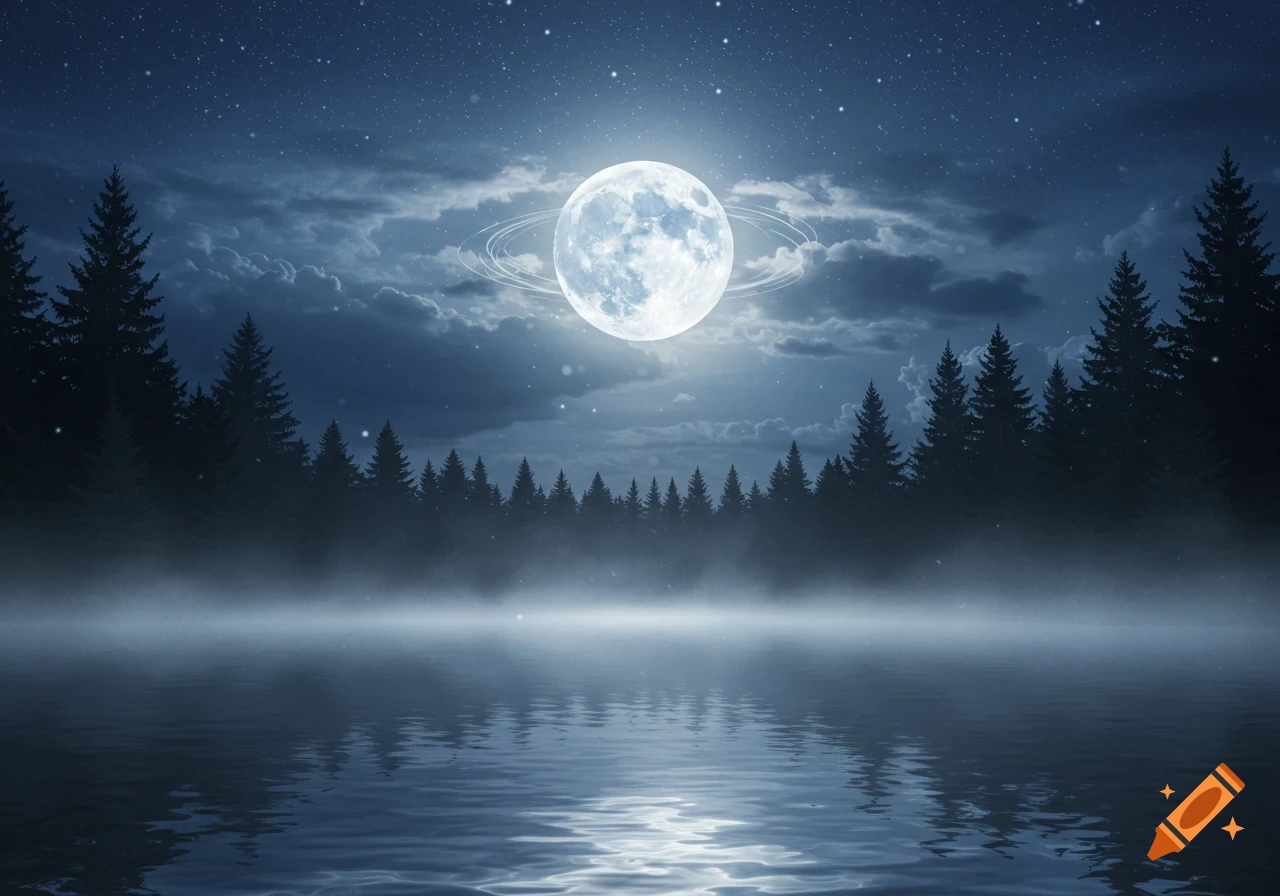 A fantastical full moon with rings hangs over a misty forest and a reflective lake at night, under a starry sky.