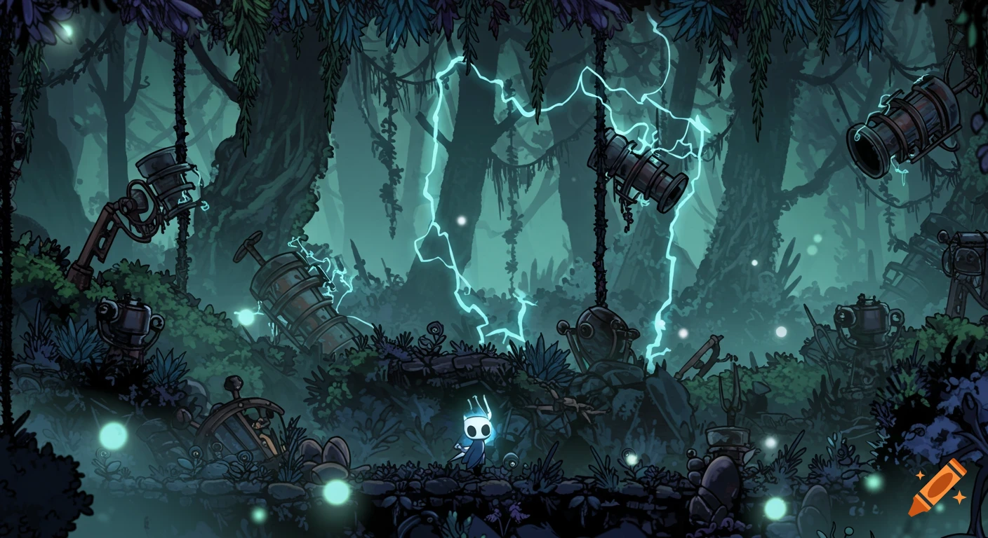 A small white character in a dark, stylized 2D forest with glowing teal lightning and abandoned steampunk-like machinery.