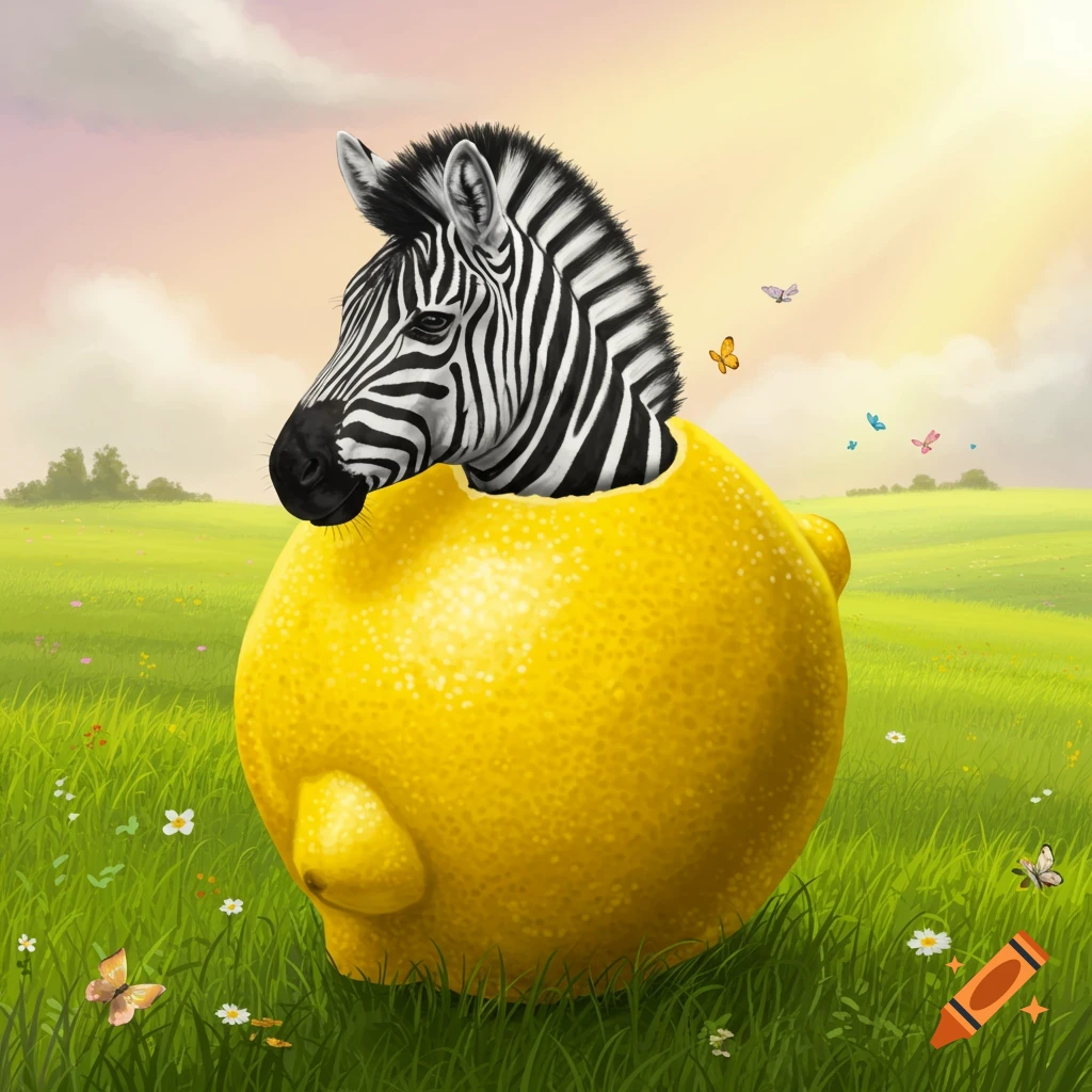 A realistic zebra head emerges from a giant lemon in a sunny green field with wildflowers and butterflies.