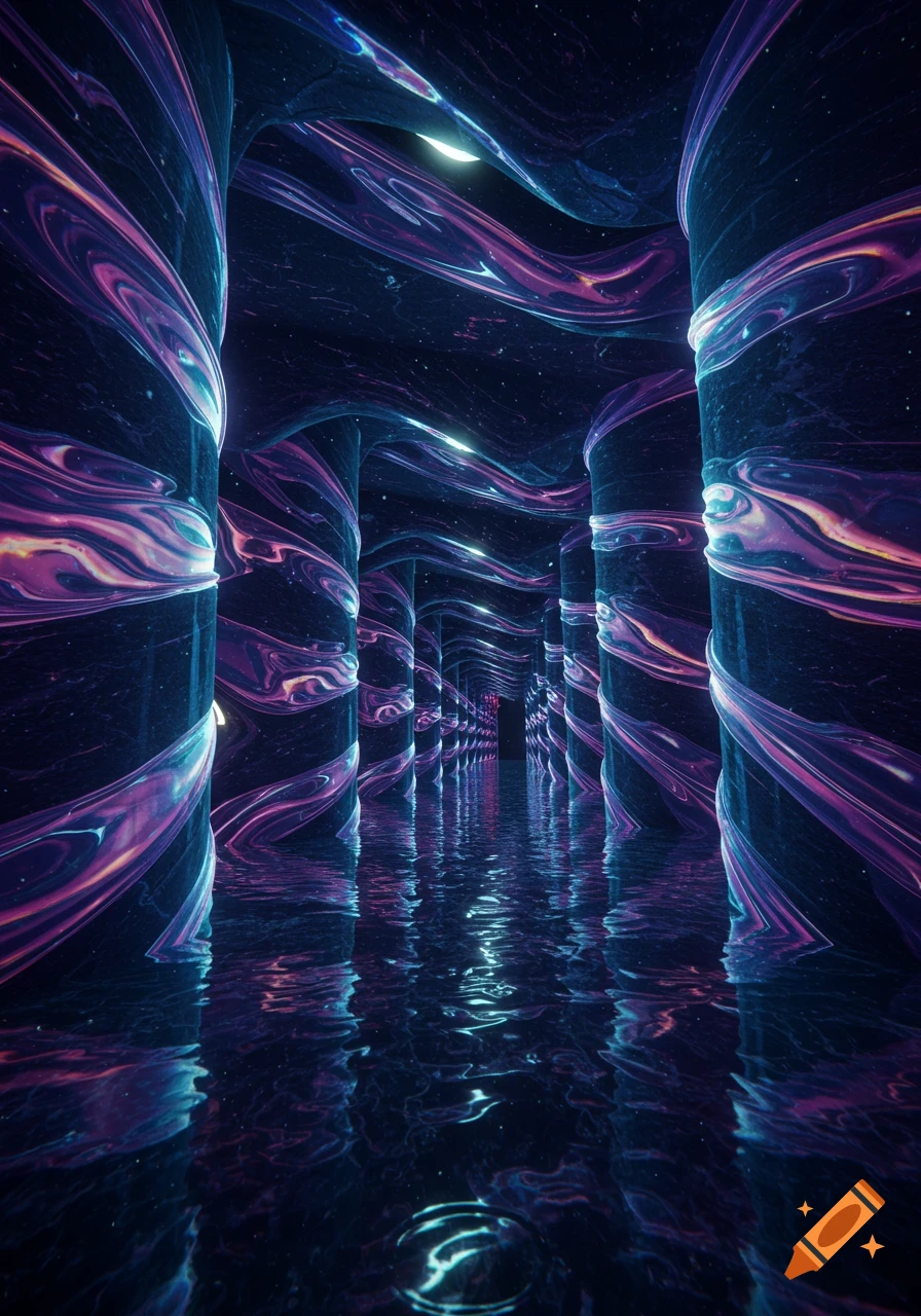 A futuristic corridor with glowing purple and blue swirling patterns on pillars, reflected in dark water, extending into the distance.
