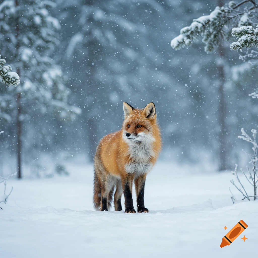 A beautiful red fox stands in a snowy forest as snowflakes fall, looking to the side.