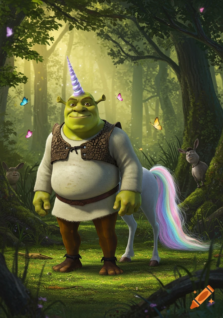 Shrek with a purple unicorn horn and rainbow tail stands in a magical forest with butterflies.