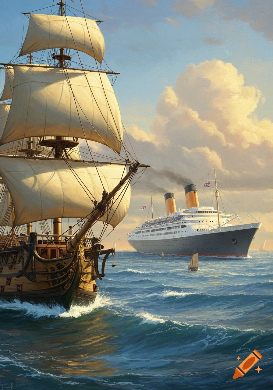 An 18th-century sailing ship with white sails in the foreground of a wavy sea, with a grand cruise ship featuring two orange and black funnels in the background, all rendered in an oil painting style under a cloudy sky.