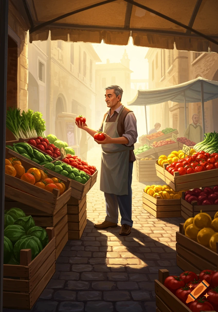 A man in an apron holds two red tomatoes at a bustling outdoor market stall filled with fresh produce, in a vibrant painterly style.