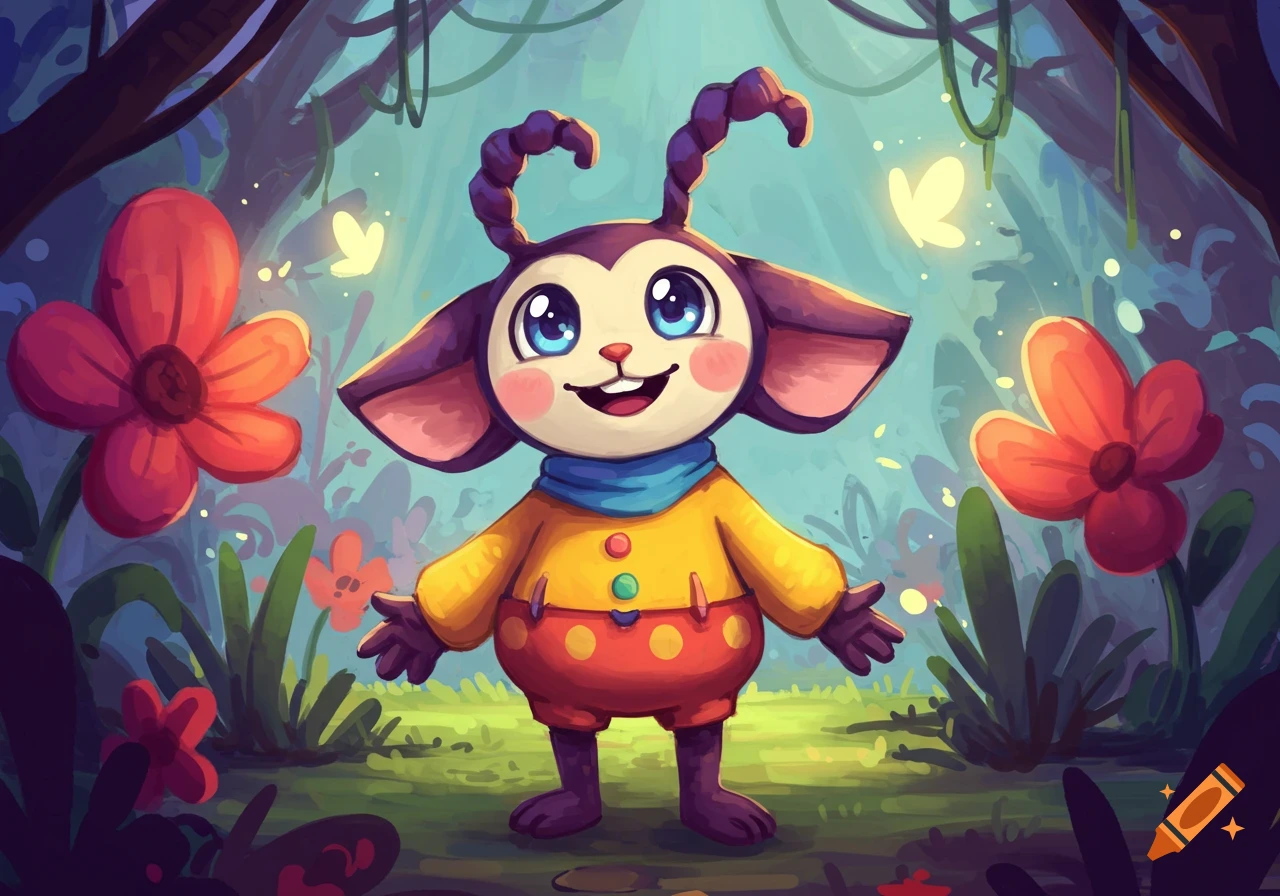 A happy cartoon creature with big eyes and antennae wears a yellow shirt and red polka dot shorts in a whimsical forest with glowing butterflies and flowers.