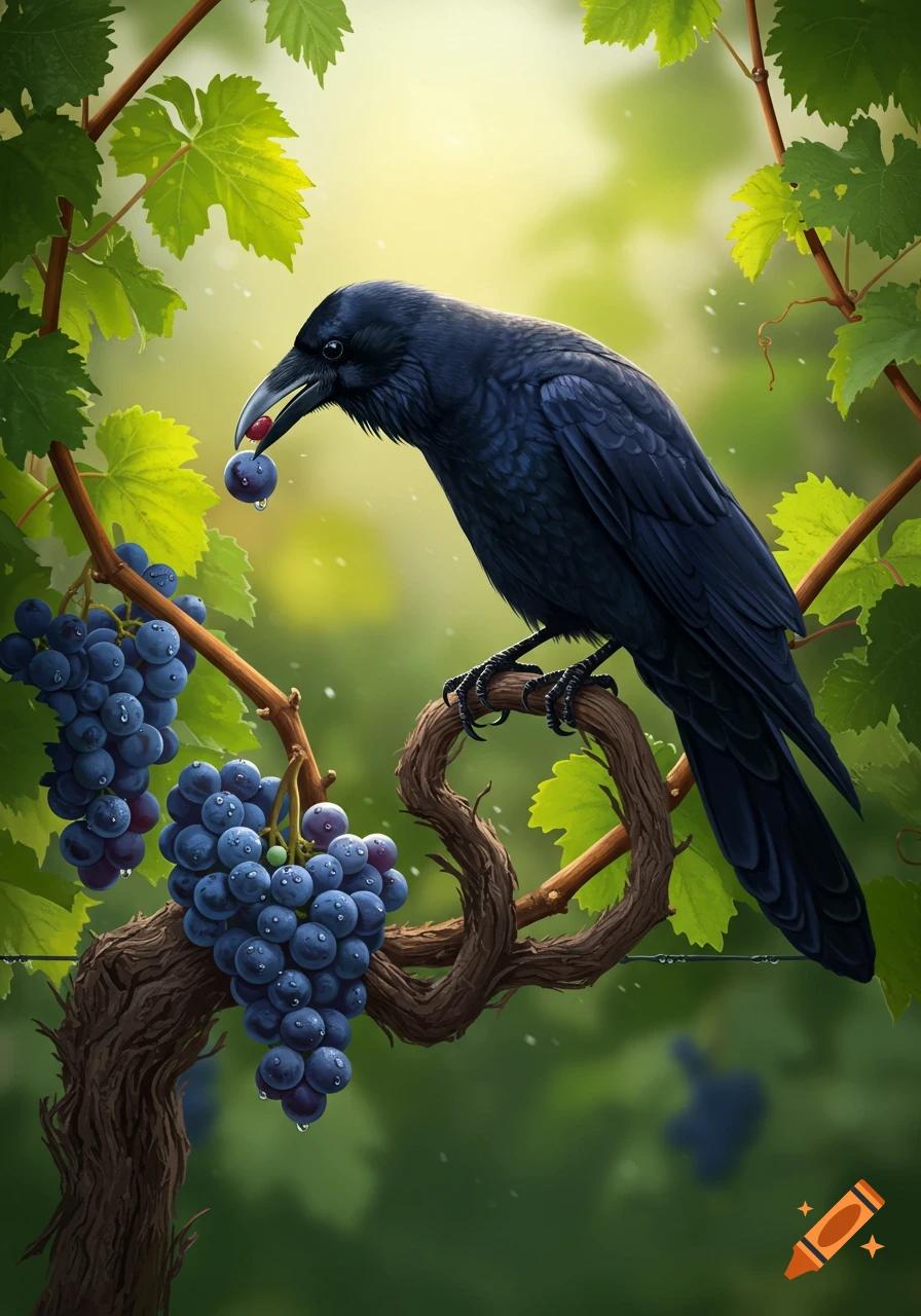 A black crow perches on a gnarled grapevine, holding a purple grape in its beak, with lush green leaves and other grape bunches.