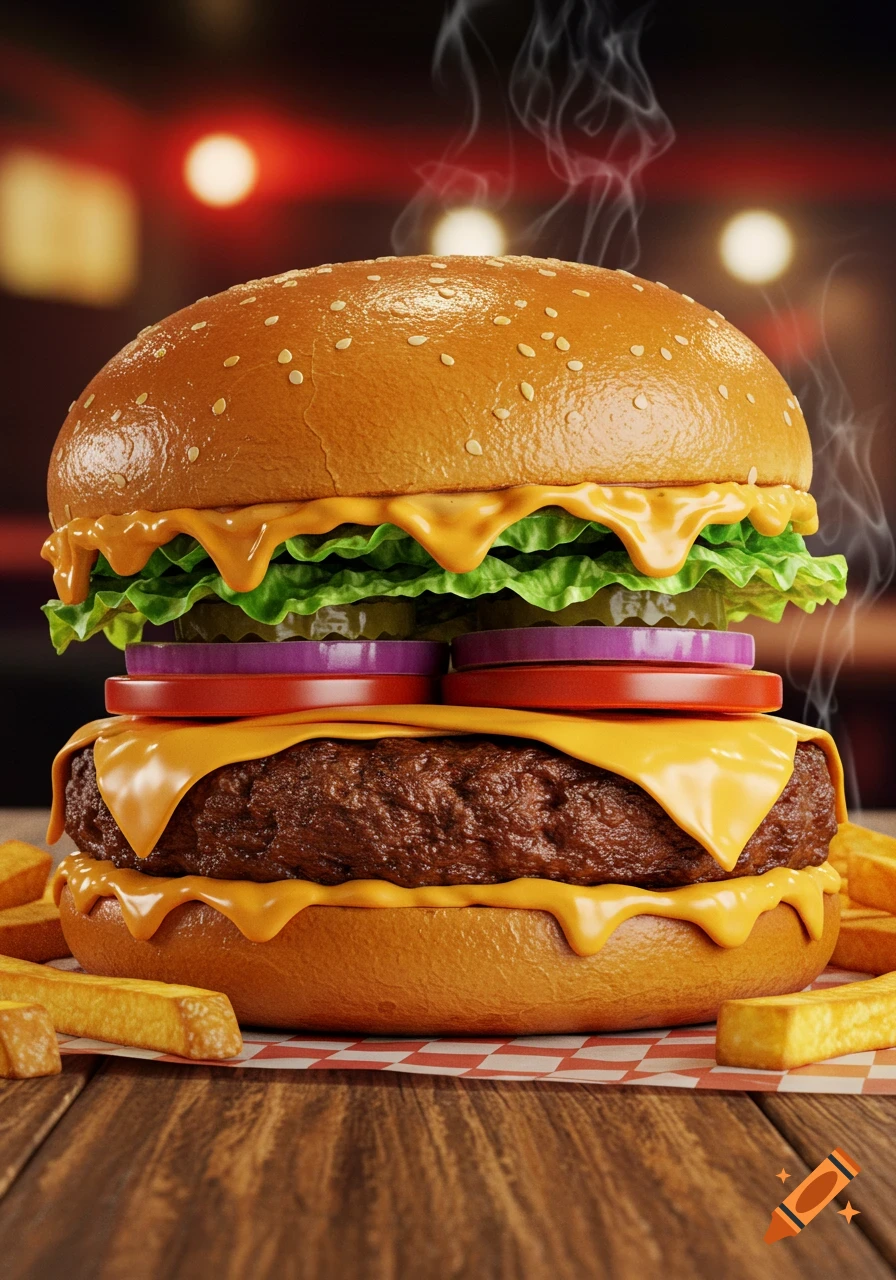 A close-up, photorealistic shot of a steaming cheeseburger with lettuce, tomato, onion, and pickles, served with fries on a wooden table.