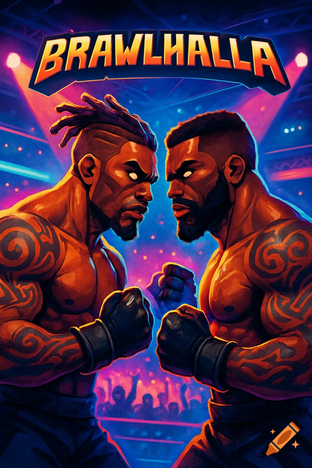 Stylized illustration of two muscular male fighters with glowing eyes, facing off in a boxing ring, with 'BRAWLHALLA' title above.