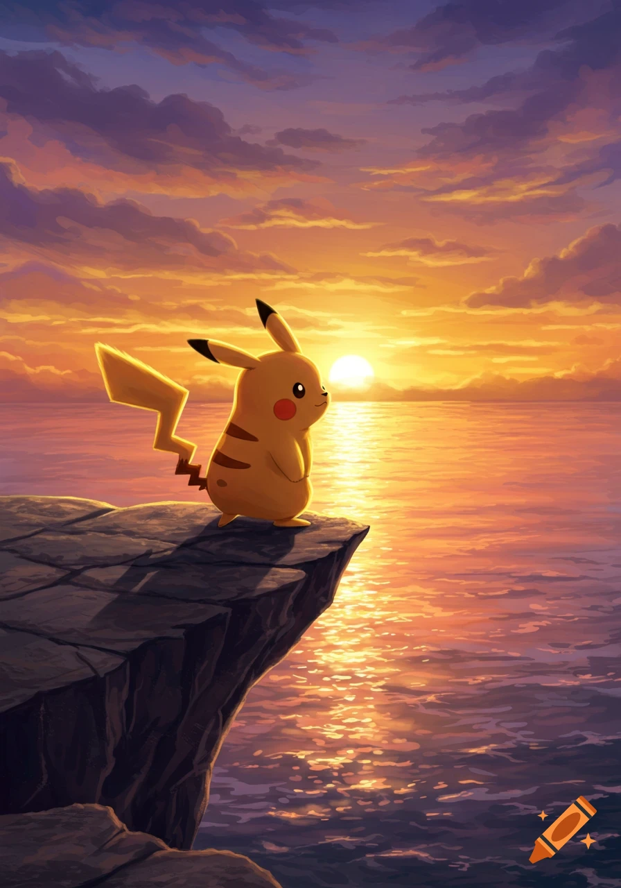 A cartoon Pikachu stands on a cliff, silhouetted against a vibrant orange and purple sunset over the ocean.