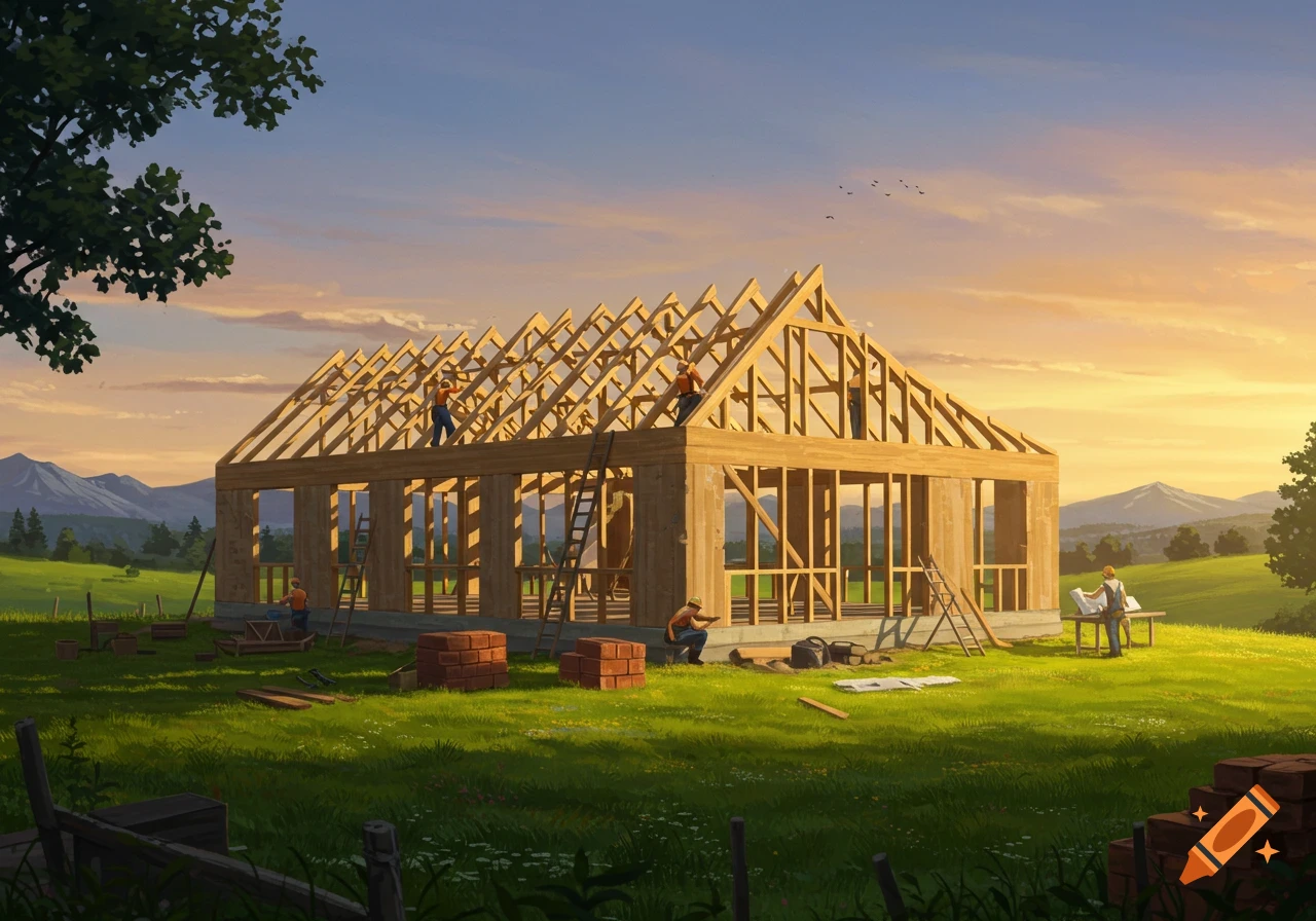 An illustration of a wooden house frame being built by workers in a rural landscape at sunset.