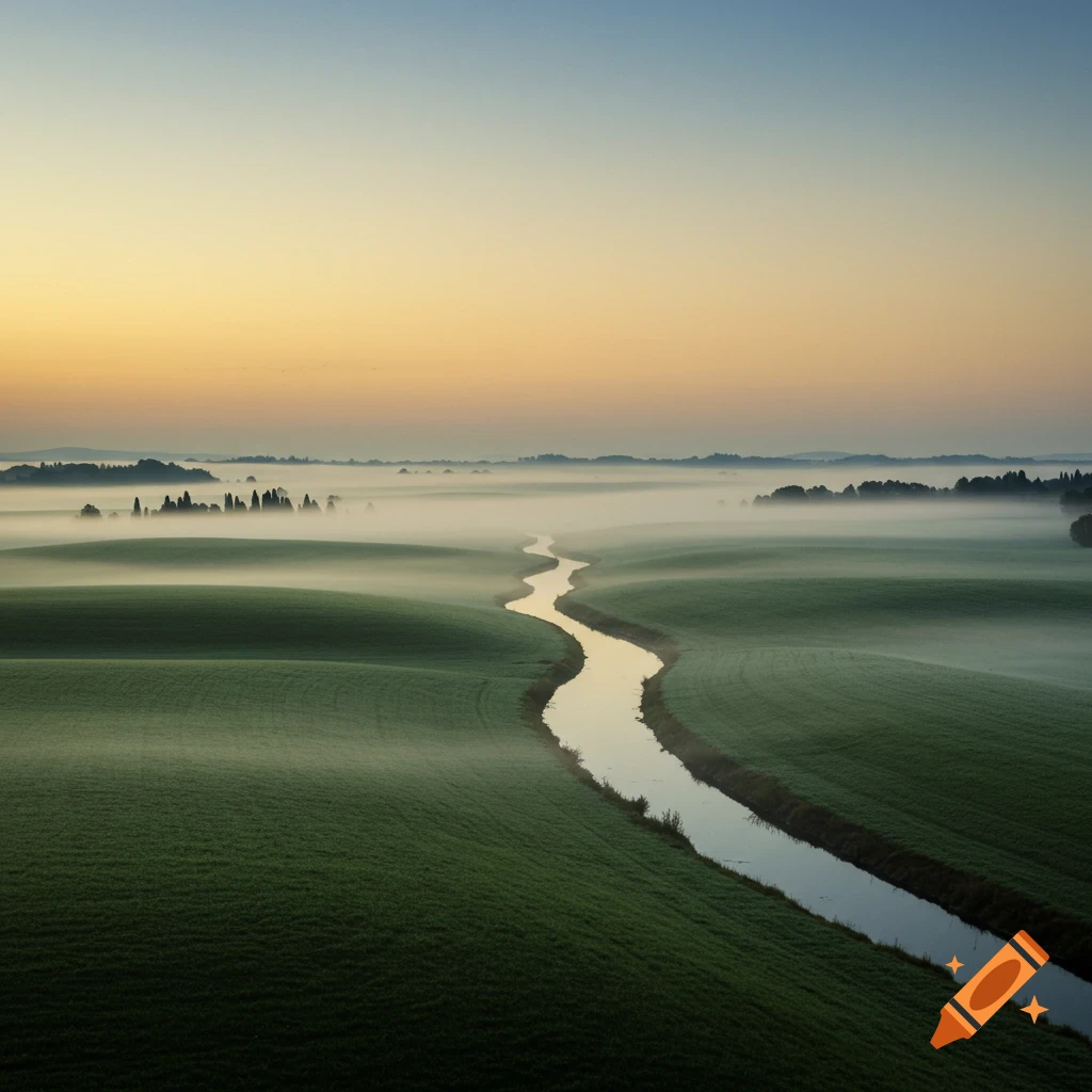 A winding river cuts through a misty green valley at dawn or dusk, with distant trees silhouetted against a colorful sky.