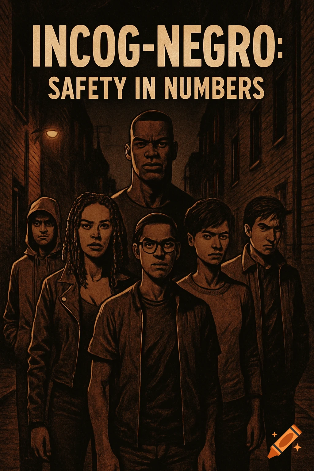 A graphic novel poster showing a diverse group of serious young adults in a shadowy urban alleyway, titled 'INCOG-NEGRO: SAFETY IN NUMBERS'.