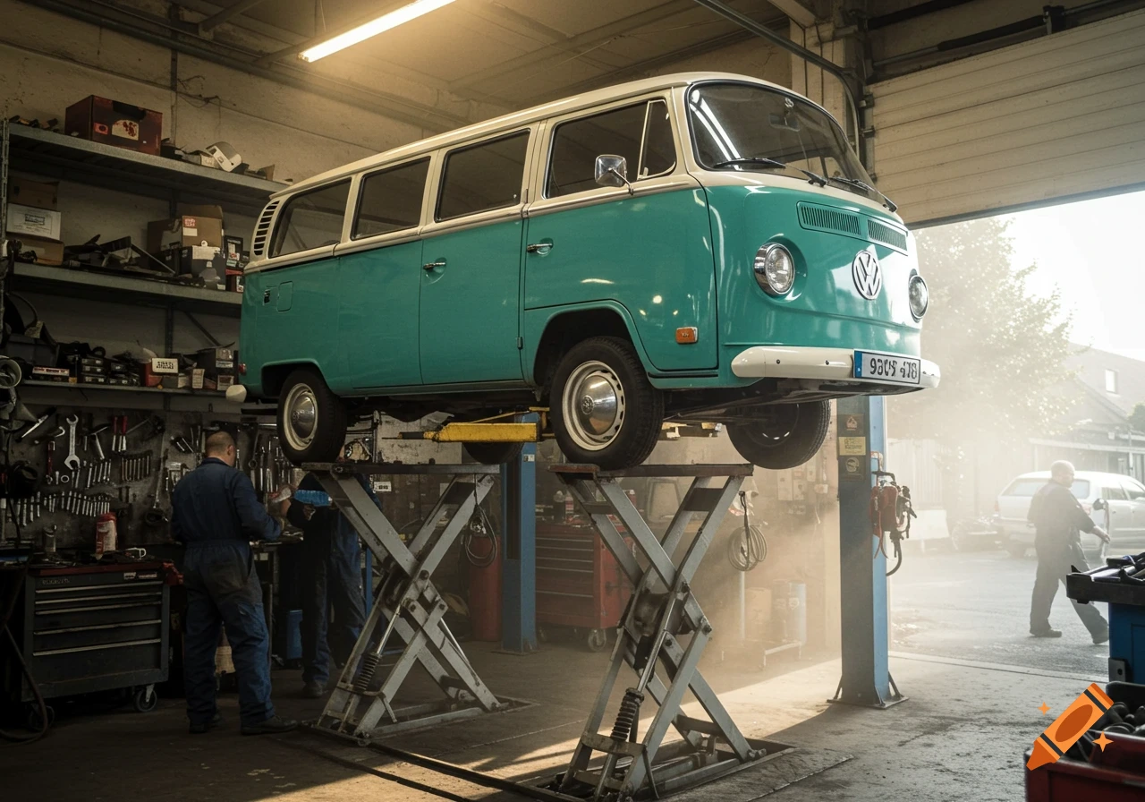 A classic turquoise and white Volkswagen van on a hydraulic lift in a busy car repair garage, with mechanics working.