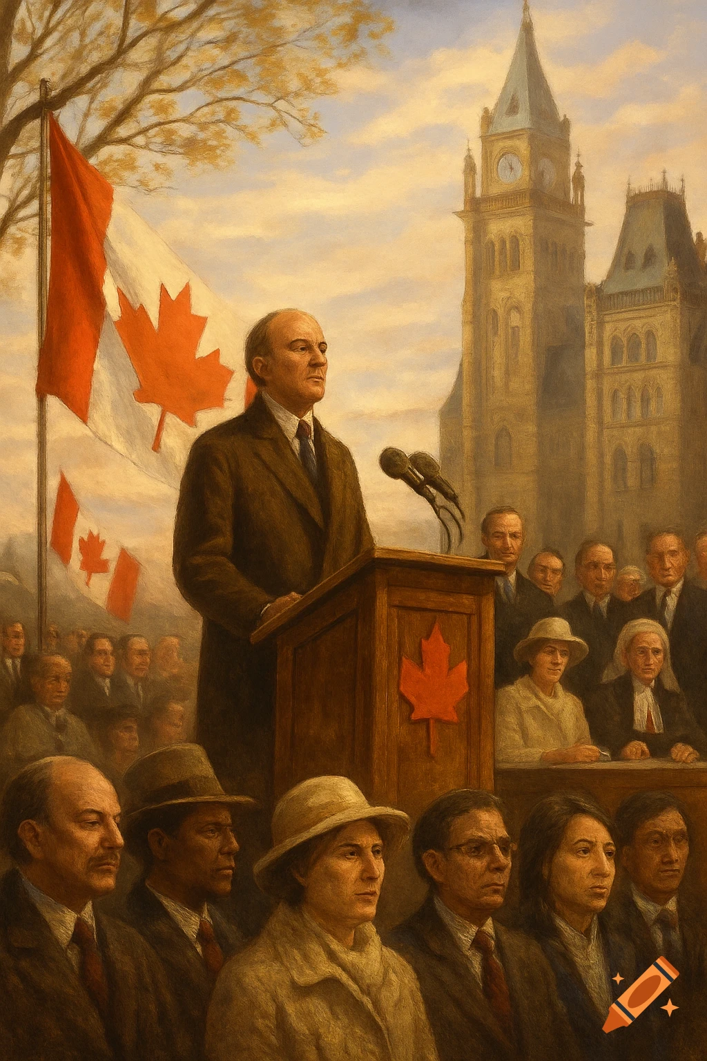 A painting shows a man in a suit speaking at a podium, with Canadian flags, a crowd, and a parliament building in the background.