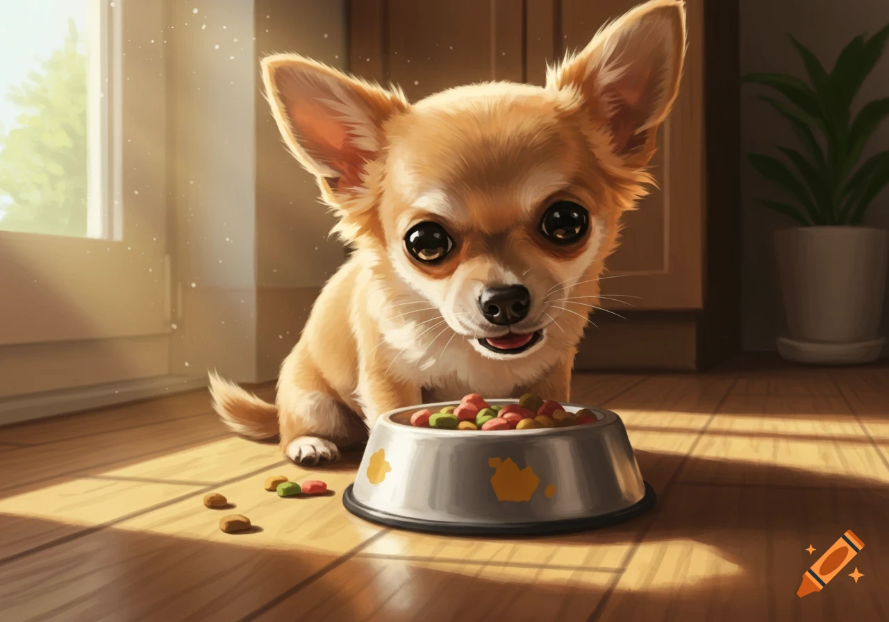 A cute light brown chihuahua puppy sits by a food bowl on a sunlit wooden floor.