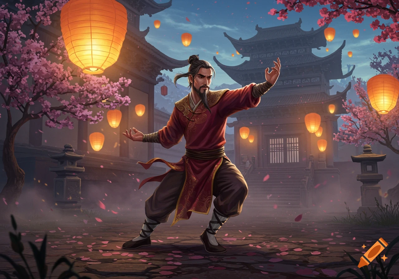 A man in red, traditional clothing performs a kung fu pose in an Asian temple courtyard with cherry blossoms and glowing lanterns at dusk.