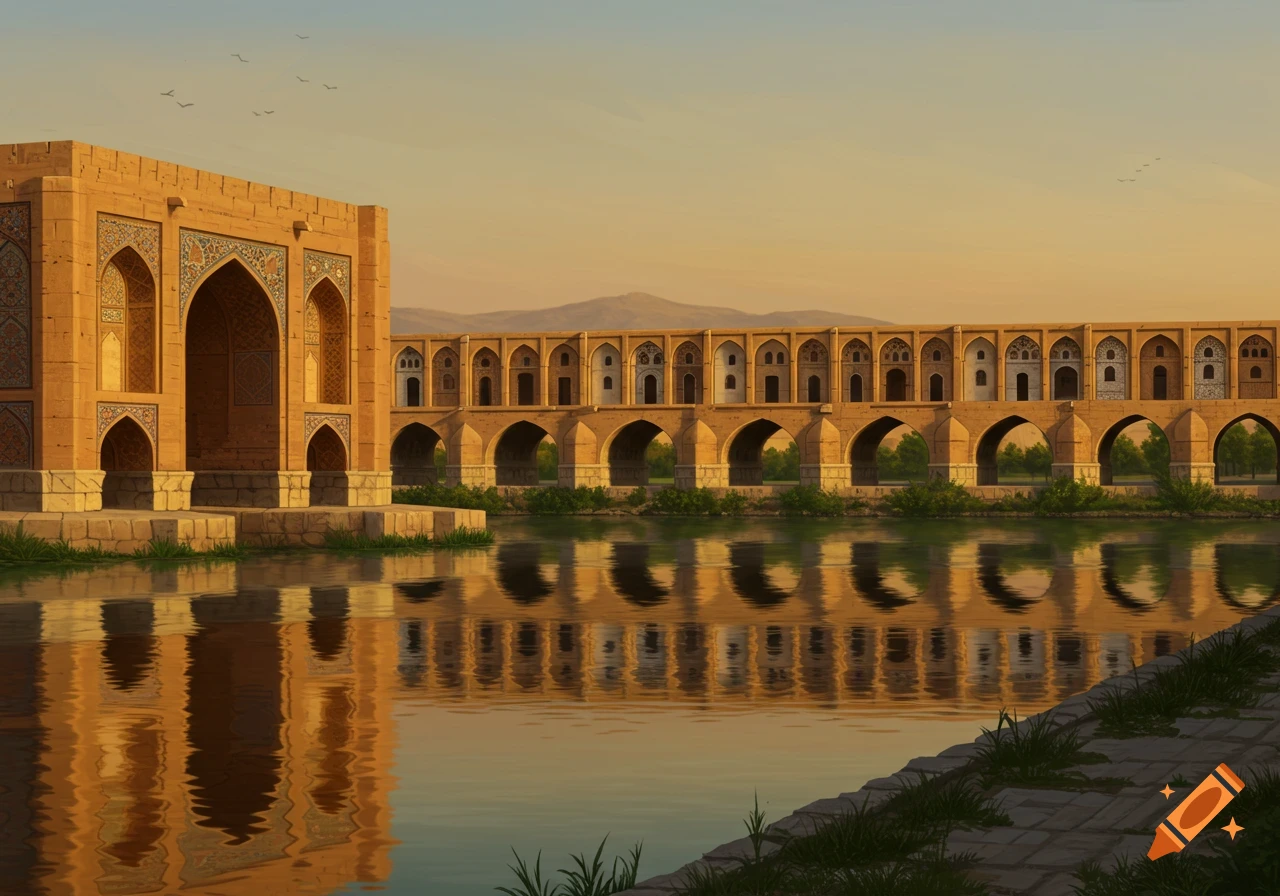 A multi-arched historical stone bridge with intricate patterns spans a calm river under a clear sky, mountains in the distance.