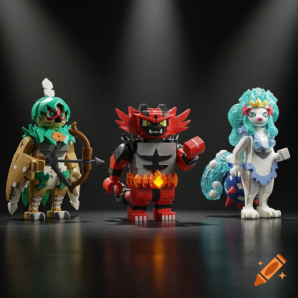 Lego minifigures of Decidueye, Incineroar, and Primarina from Pok emon Sun & Moon, on a dark background.