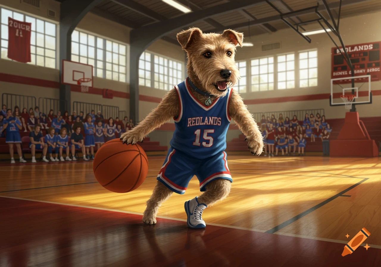 A terrier dog in a blue basketball jersey with 'REDLANDS 15' dribbles a basketball in a high school gym. Spectators sit in the background.