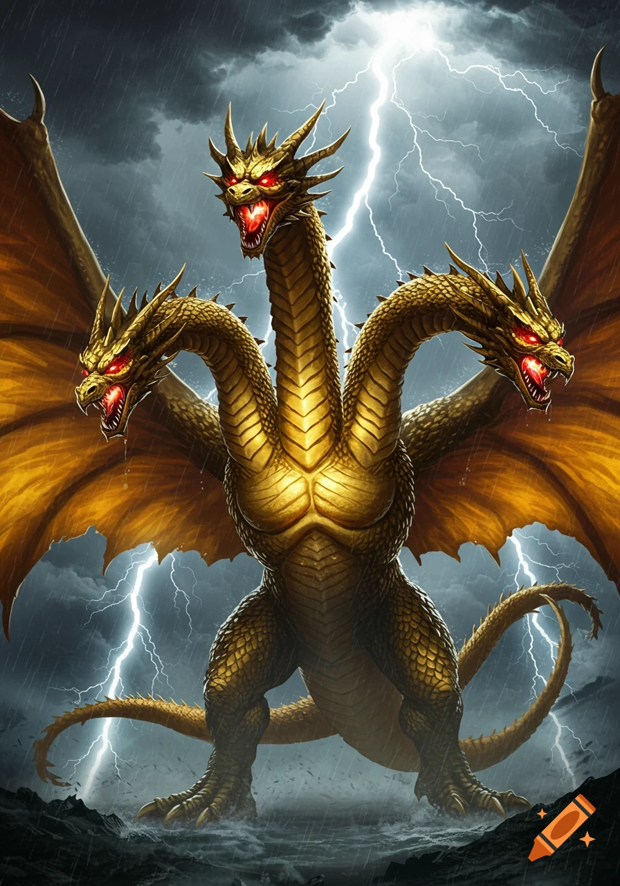Realistic illustration of King Ghidorah, a three-headed golden dragon, roaring in a stormy sky with lightning and rain.