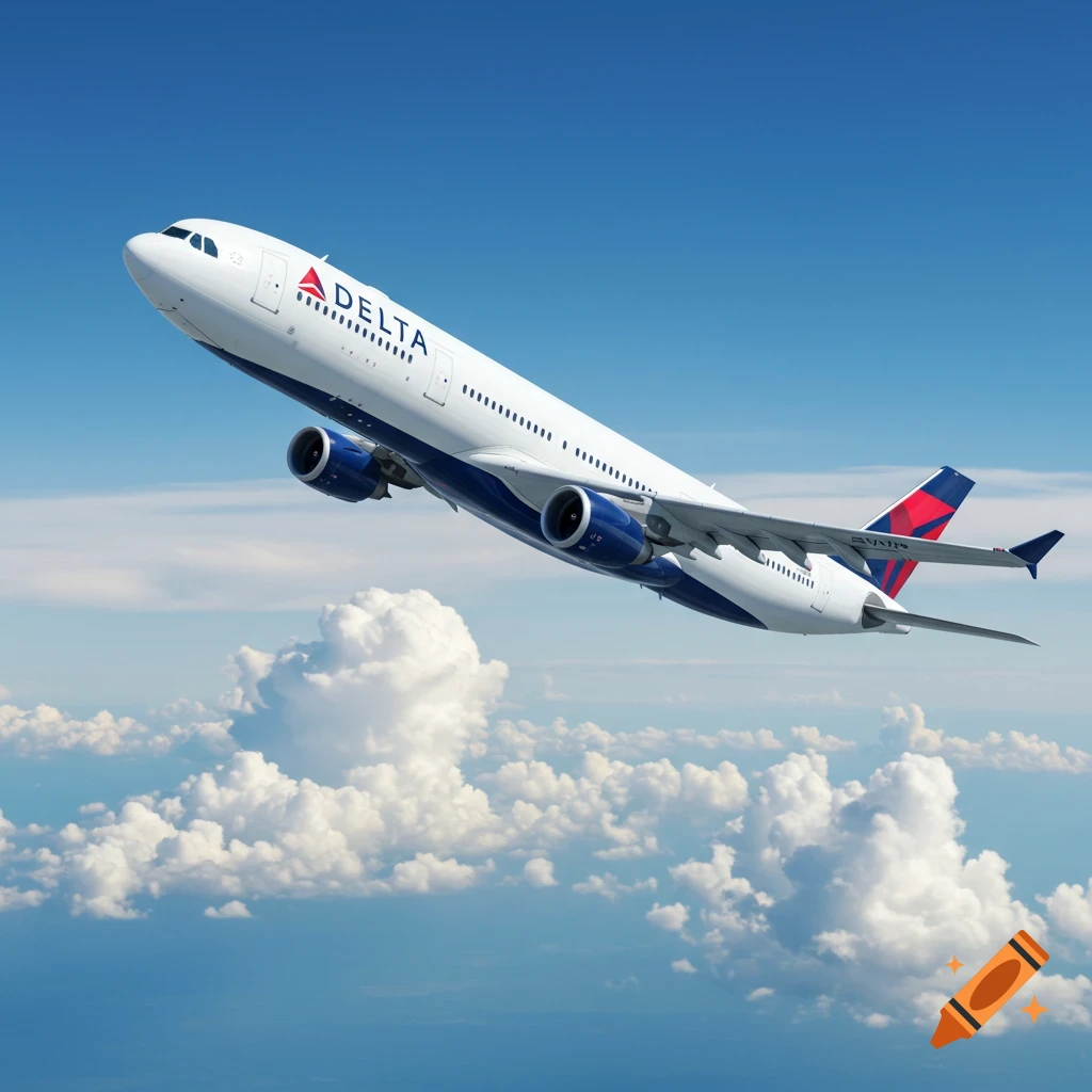 A white Delta Airlines passenger jet with blue accents ascends through a clear blue sky with fluffy white clouds below, photorealistic style.