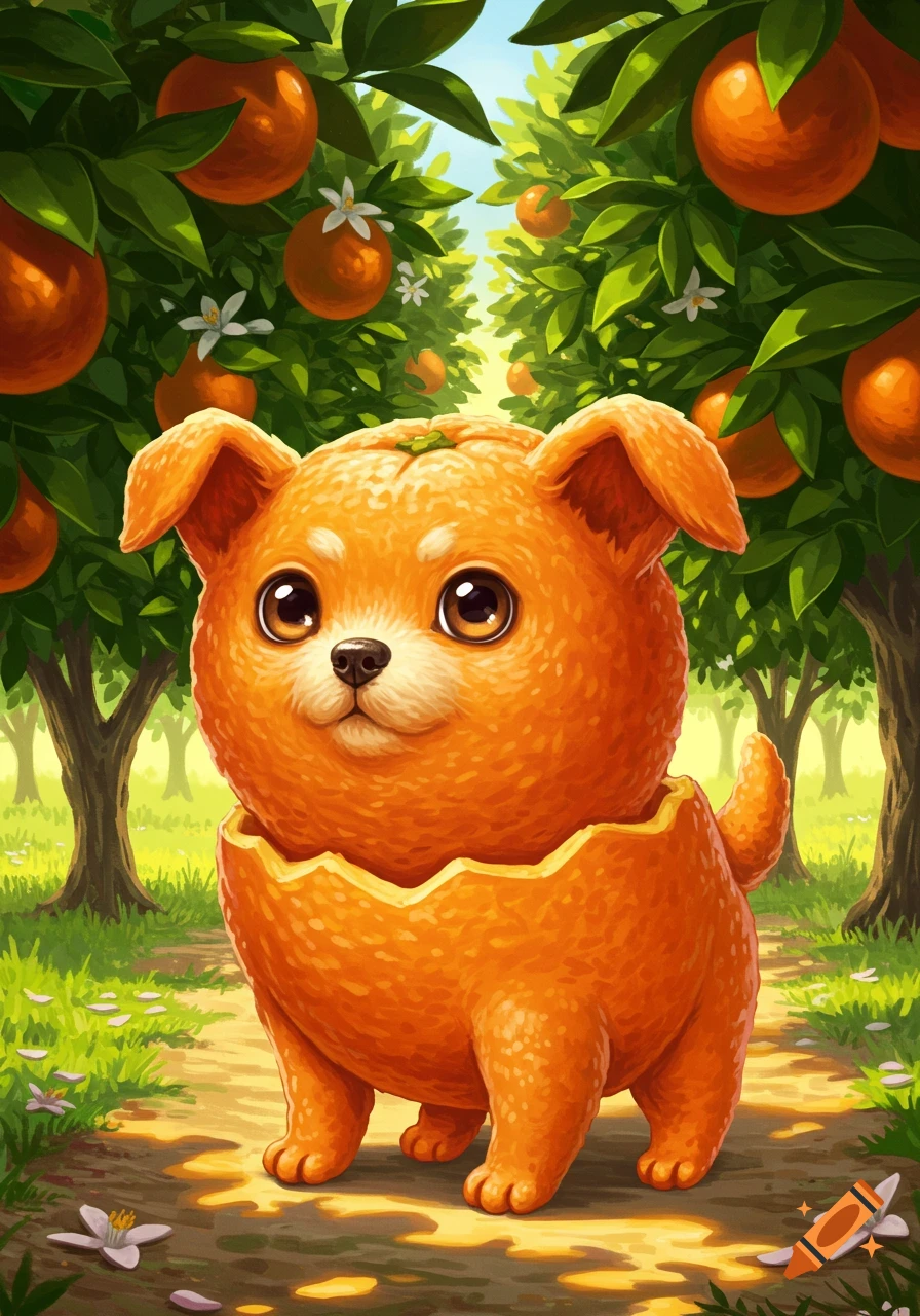 A cute, stylized dog-like creature with an orange peel body stands in a vibrant orange grove, cartoonish illustration.
