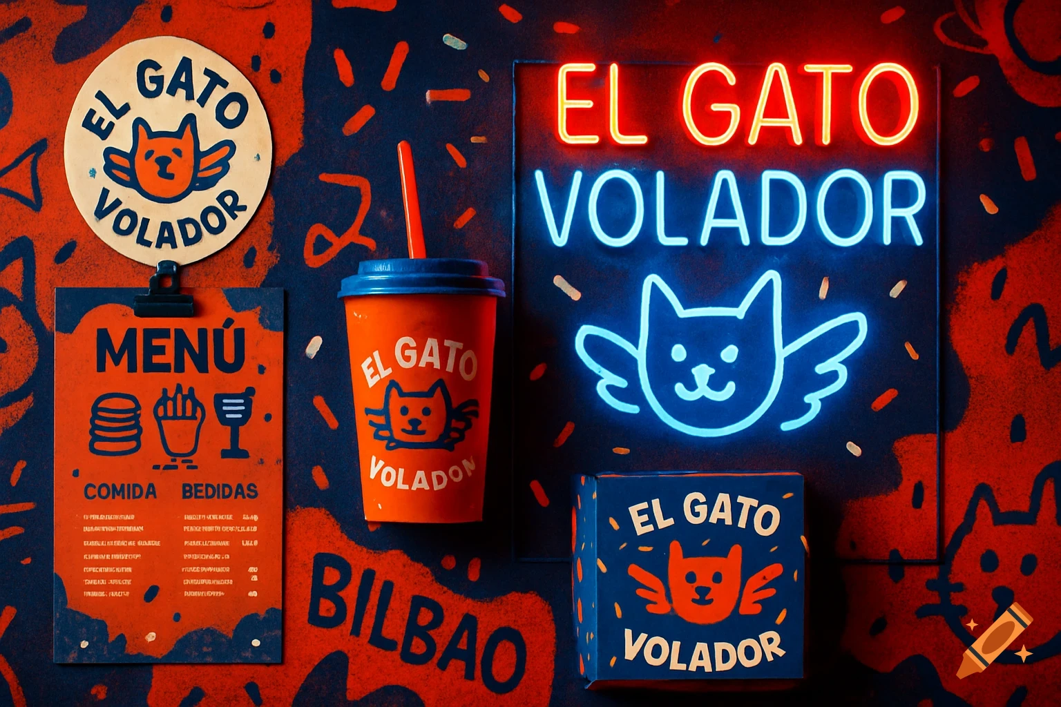 Branding moodboard for "EL GATO VOLADOR" bar, featuring a neon sign, menu, cup, and box with a winged cat logo in vibrant orange, blue, and red.