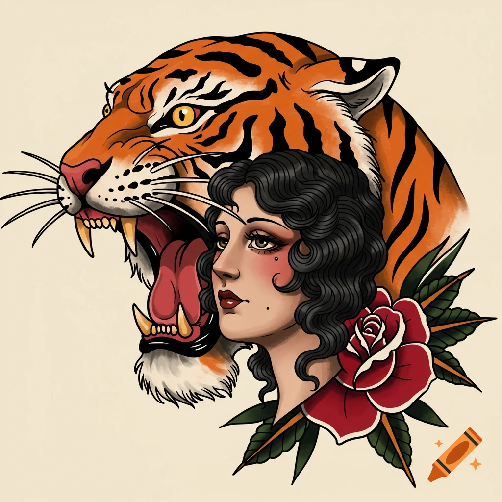 A woman's head in profile with a roaring tiger's head behind her, a red rose at her shoulder, in American traditional tattoo style.