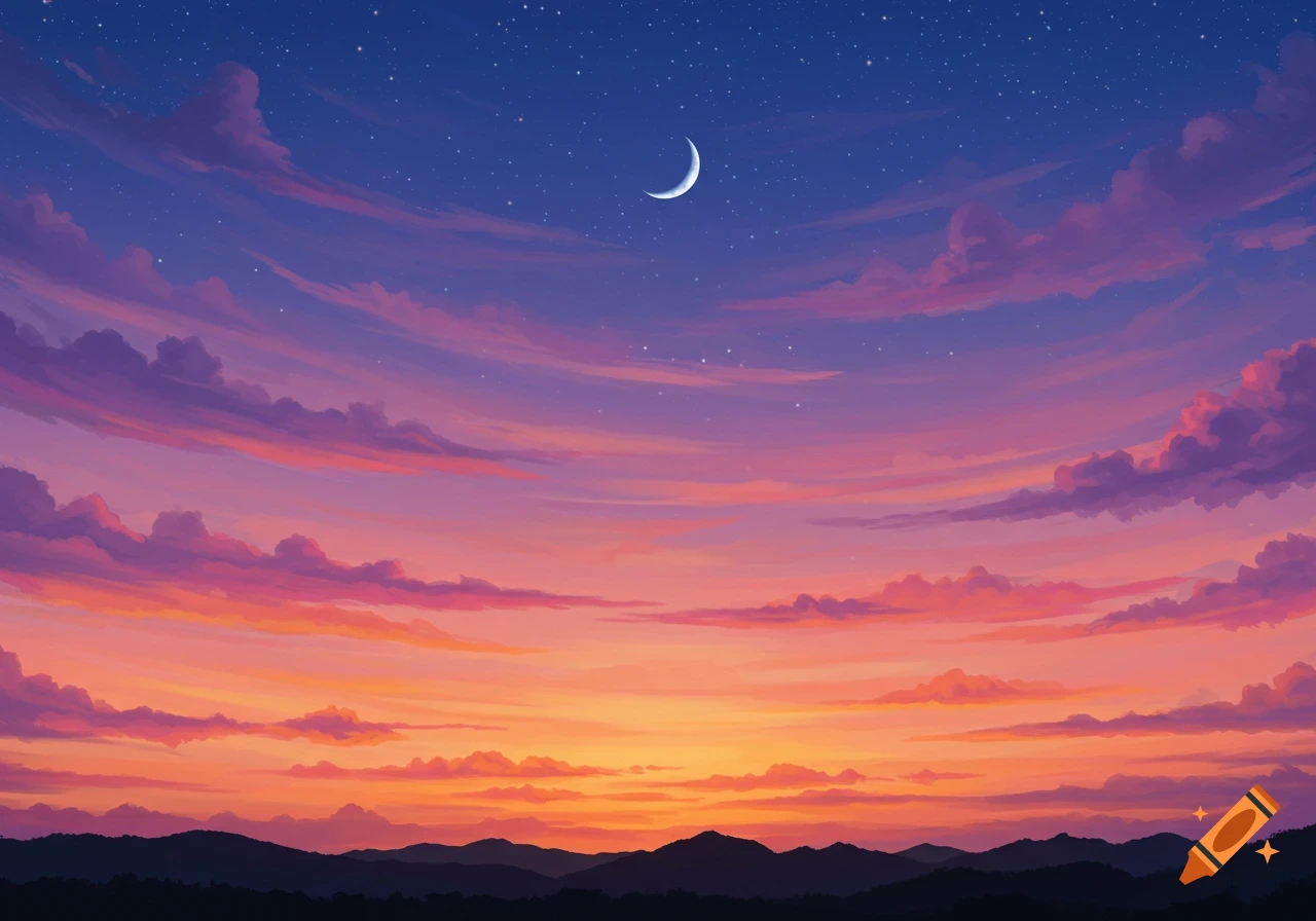 Vibrant sunset or twilight sky with purple, pink, and orange clouds, a crescent moon, and stars over dark mountains.