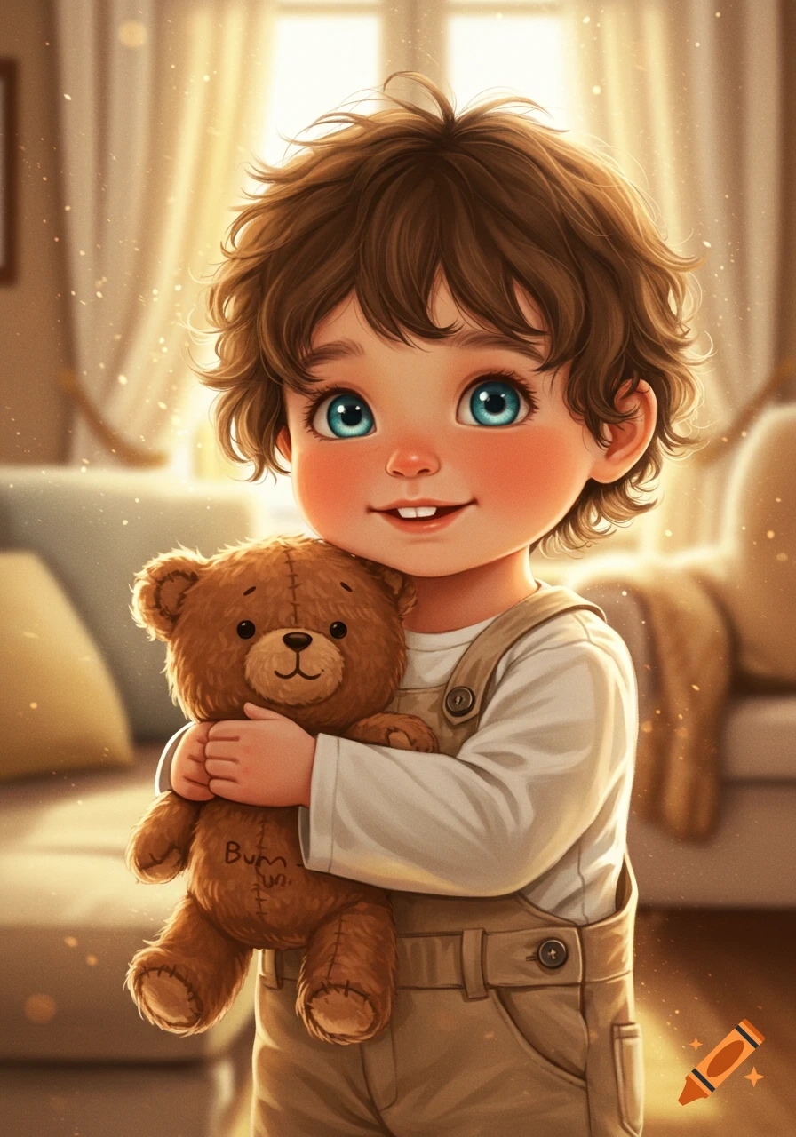 A heartwarming storybook illustration of a young boy with curly brown hair and blue eyes hugging a brown teddy bear, in a warm, sunlit room.