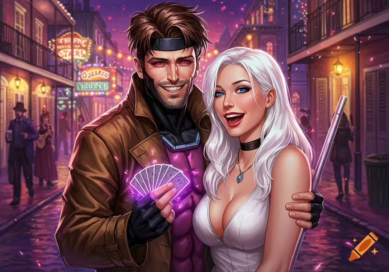 Comic art of Gambit and a woman with white hair smiling, holding glowing cards in a vibrant street at night.