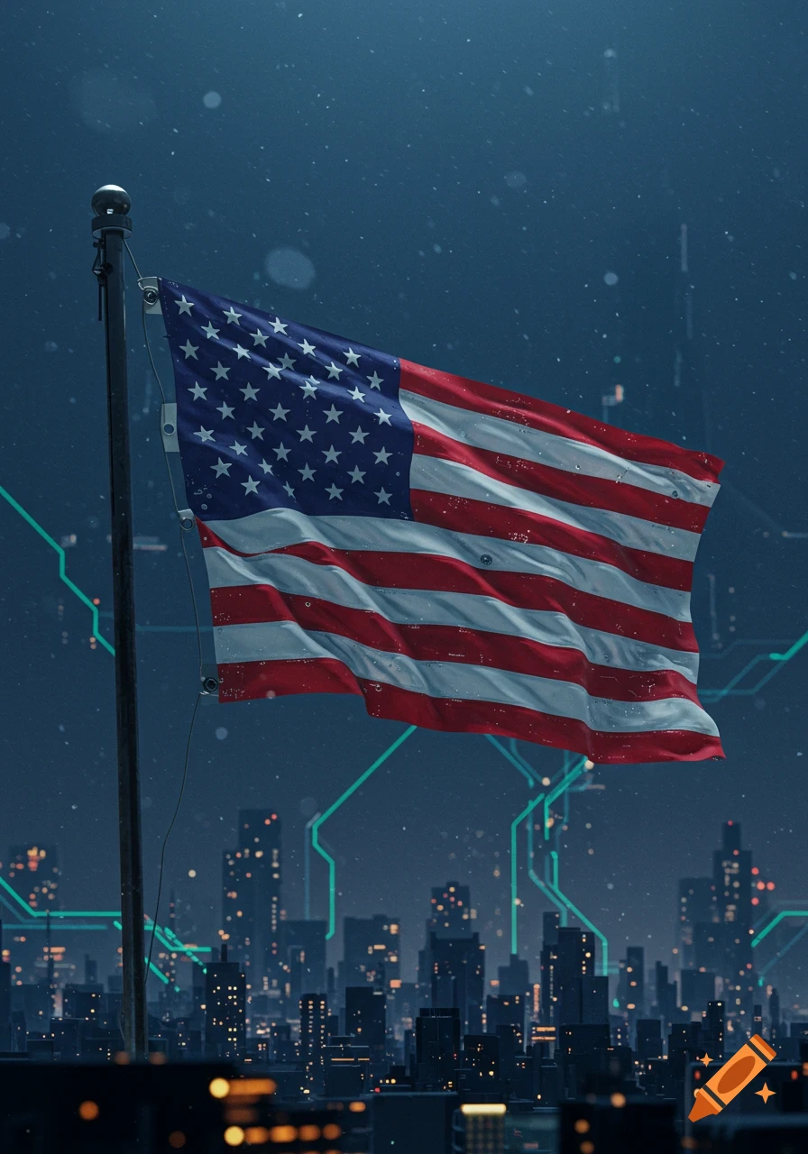 An American flag, flying upside down, over a futuristic city at night with glowing circuit lines.