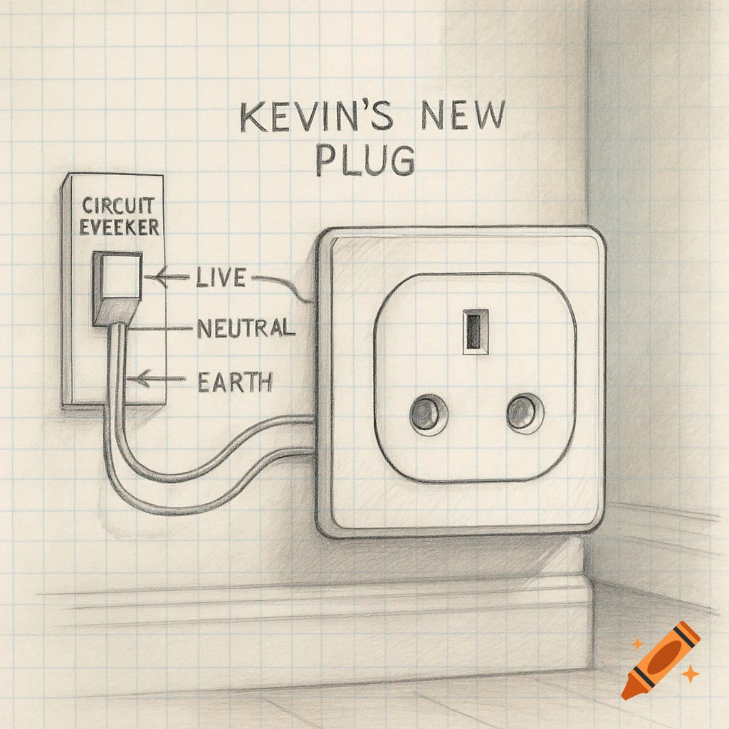 A pencil sketch of an electrical wiring diagram for a UK plug socket on graph paper, labeled 'KEVIN'S NEW PLUG' with wires.
