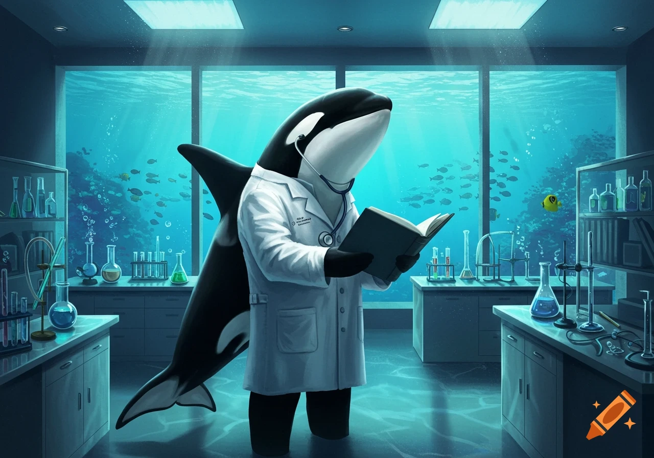 An anthropomorphic orca wearing a lab coat and stethoscope stands in an underwater science lab, reading a book. Fish swim outside large windows.