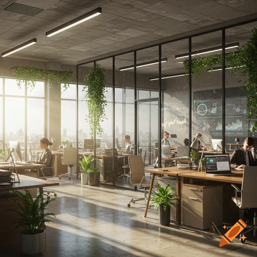 A modern, sunlit office space with workers at desks, green plants, and glass partitions, featuring city views.