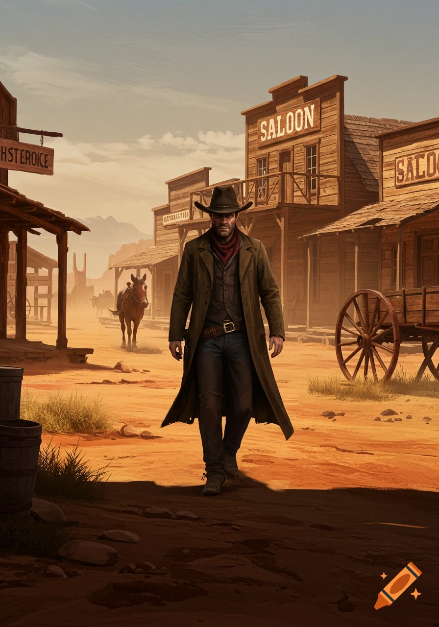 A rugged cowboy in a long coat walks through a dusty Wild West town with saloon buildings under a hazy sky.