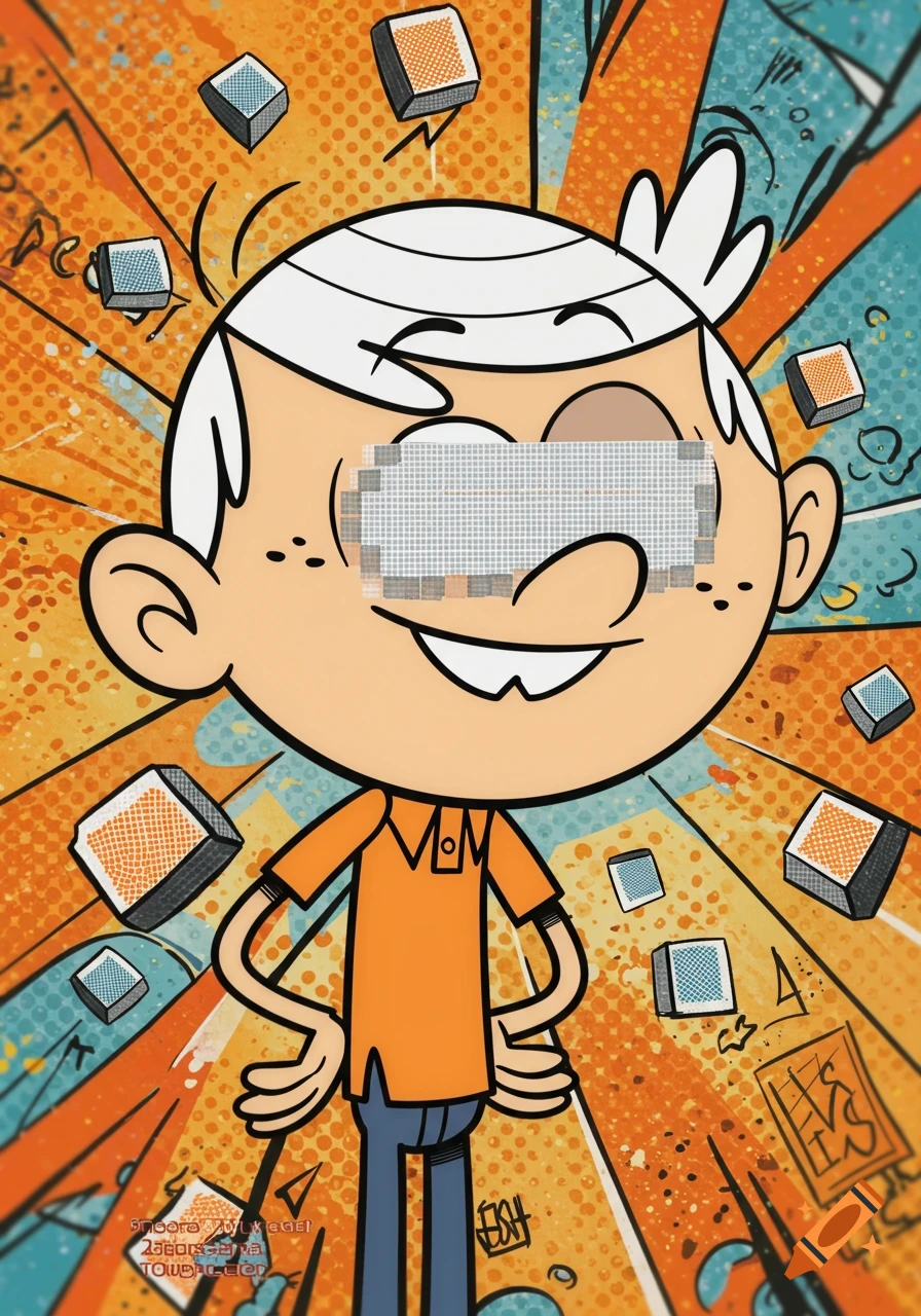 Cartoon character Lincoln Loud with a pixelated censor bar over his eyes, smiling against a vibrant comic-book-style background.