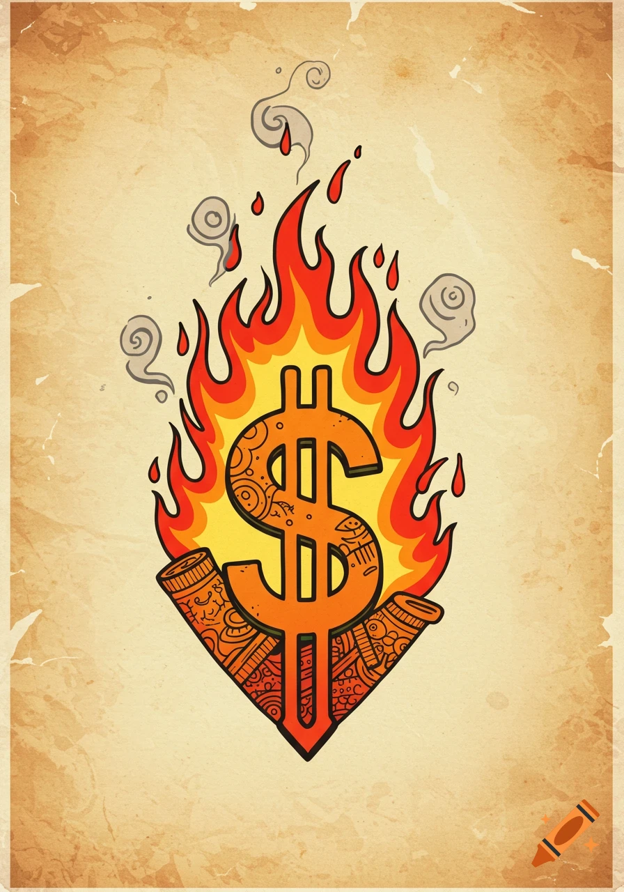 A hand-drawn, cartoonish dollar sign engulfed in flames, with smoke rising, on a vintage paper background.