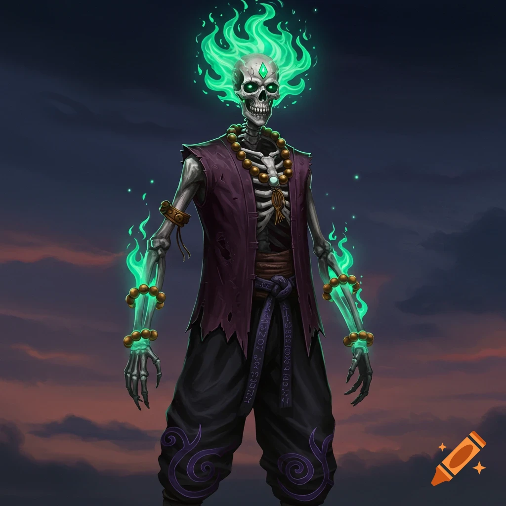 Skeletal figure with glowing green flames on head and limbs, wearing a purple vest, black martial arts pants with purple designs, and golden prayer beads.