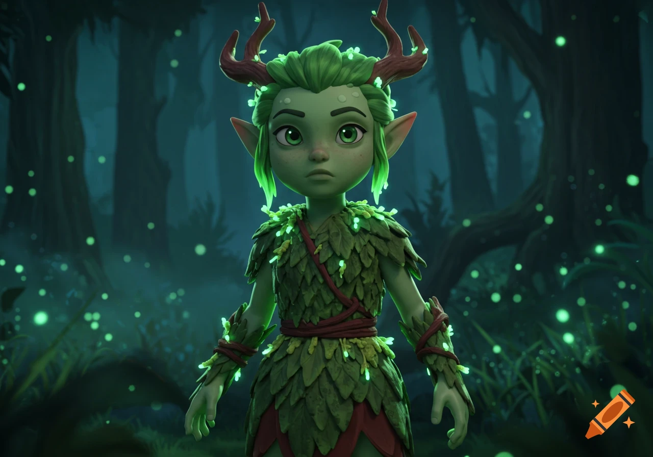 A green-skinned elf character with antlers and glowing leaves, wearing a leaf outfit, stands in a dark, misty forest, in an animation style.