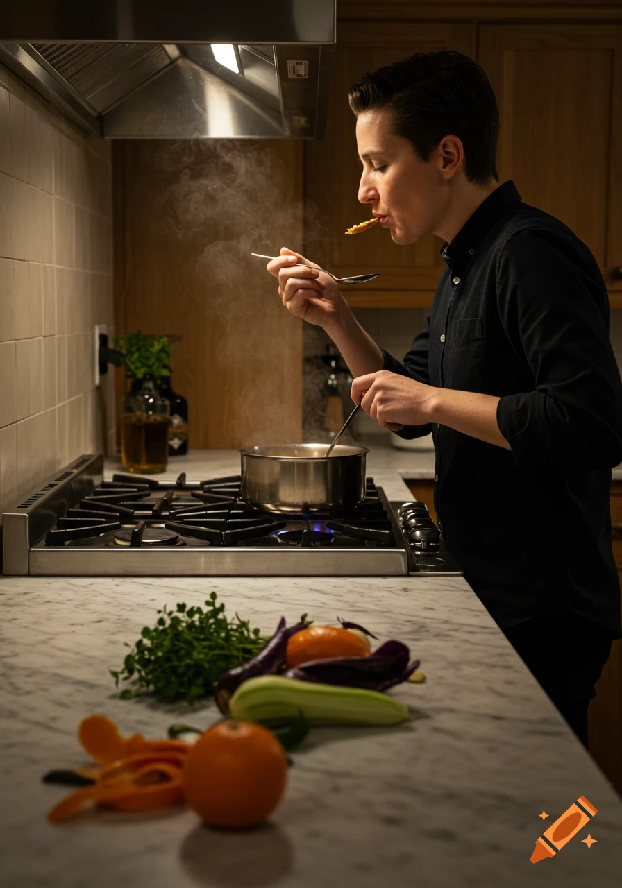 A person in a kitchen tastes food from a pot on a stove. Vegetables and peelings are on a marble counter.