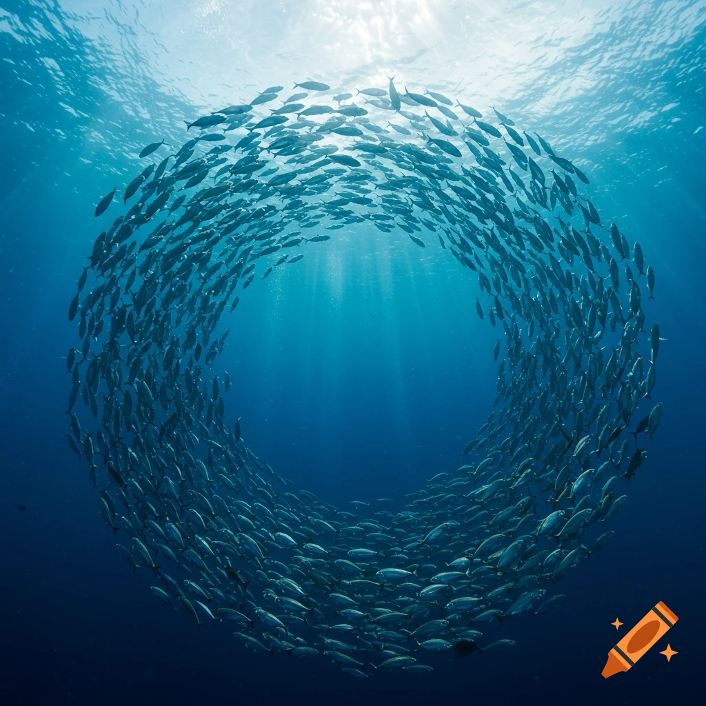 A large school of fish forms a circular vortex underwater, illuminated by sun rays from the surface.