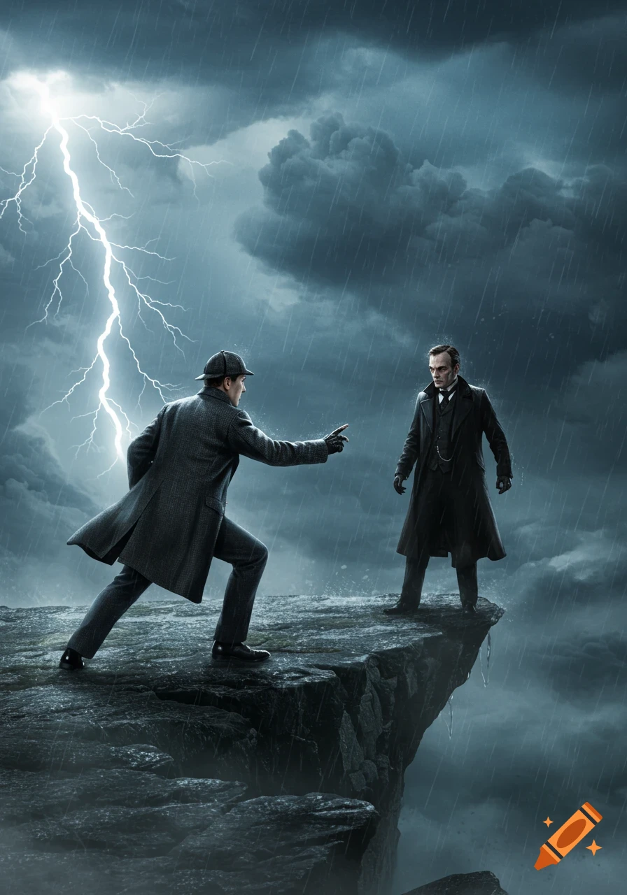 Two men in trench coats stand on a stormy cliff edge with lightning striking, one pointing at the other in a tense confrontation.