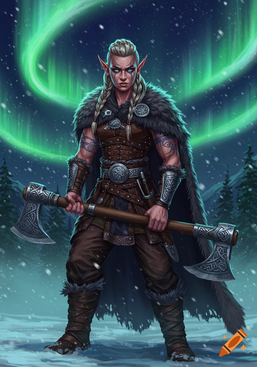 Fantasy art of a Viking elf warrior in leather armor and fur, holding a large axe in a snowy forest under green northern lights.