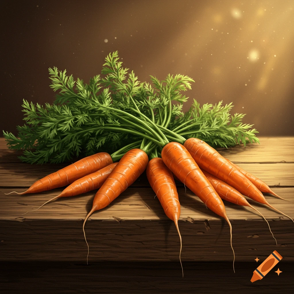 A bunch of fresh orange carrots with green leafy tops lies on a rustic wooden surface, illuminated by warm light.
