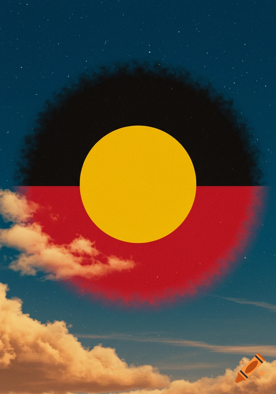 A stylized Aboriginal flag with a yellow circle on black and red fields, set against a starry blue night sky and clouds.