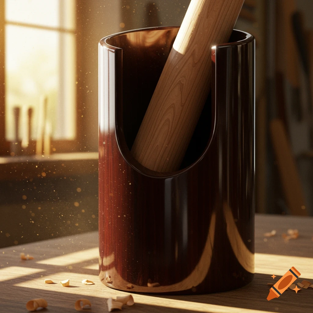 A wooden bat rests in a dark wooden holder on a wooden workbench, with wood shavings and sunlit dust motes.